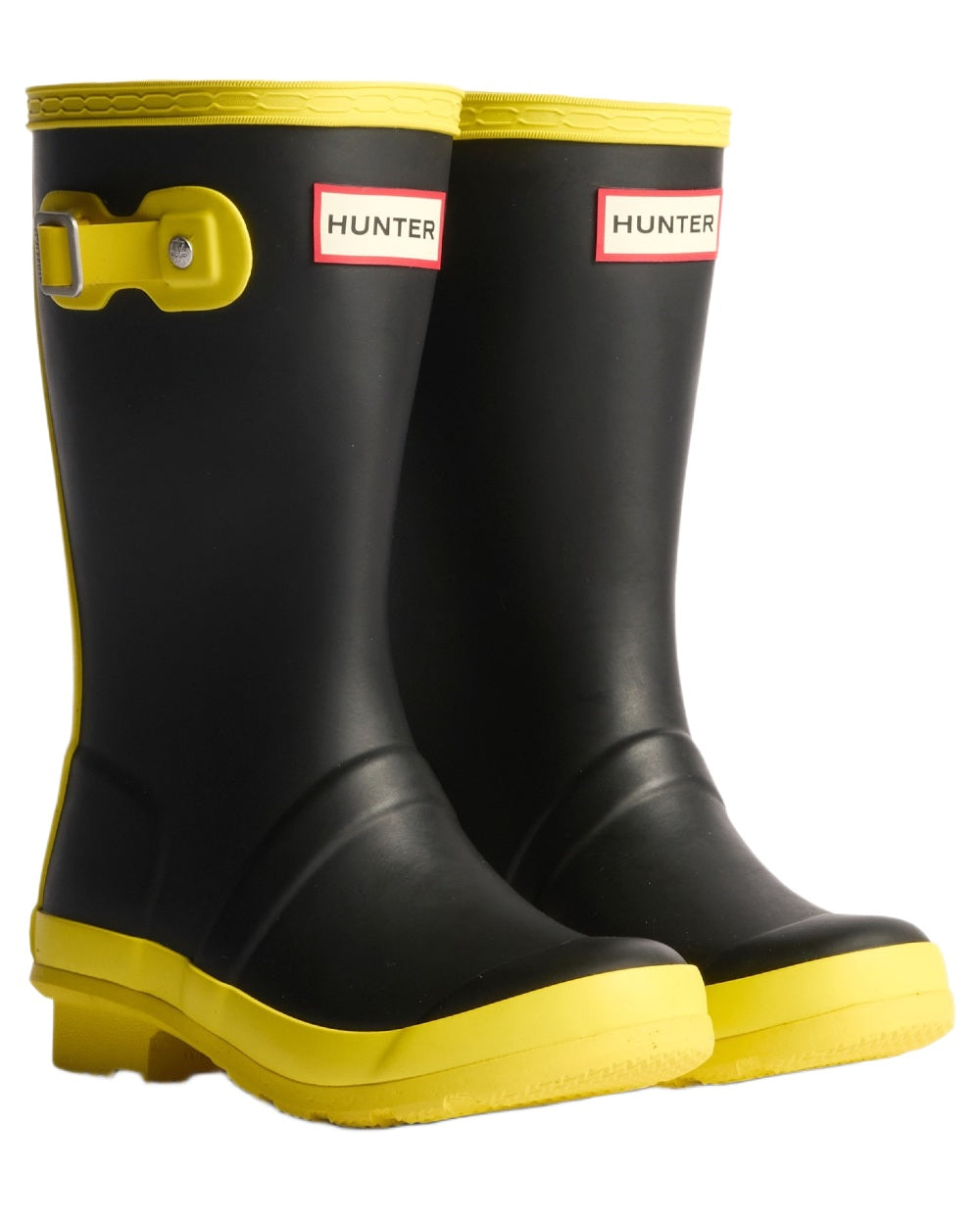 Black Illuminating Yellow coloured Hunter Big Kids Original Wellington Boots on white background #colour_black-illuminating-yellow