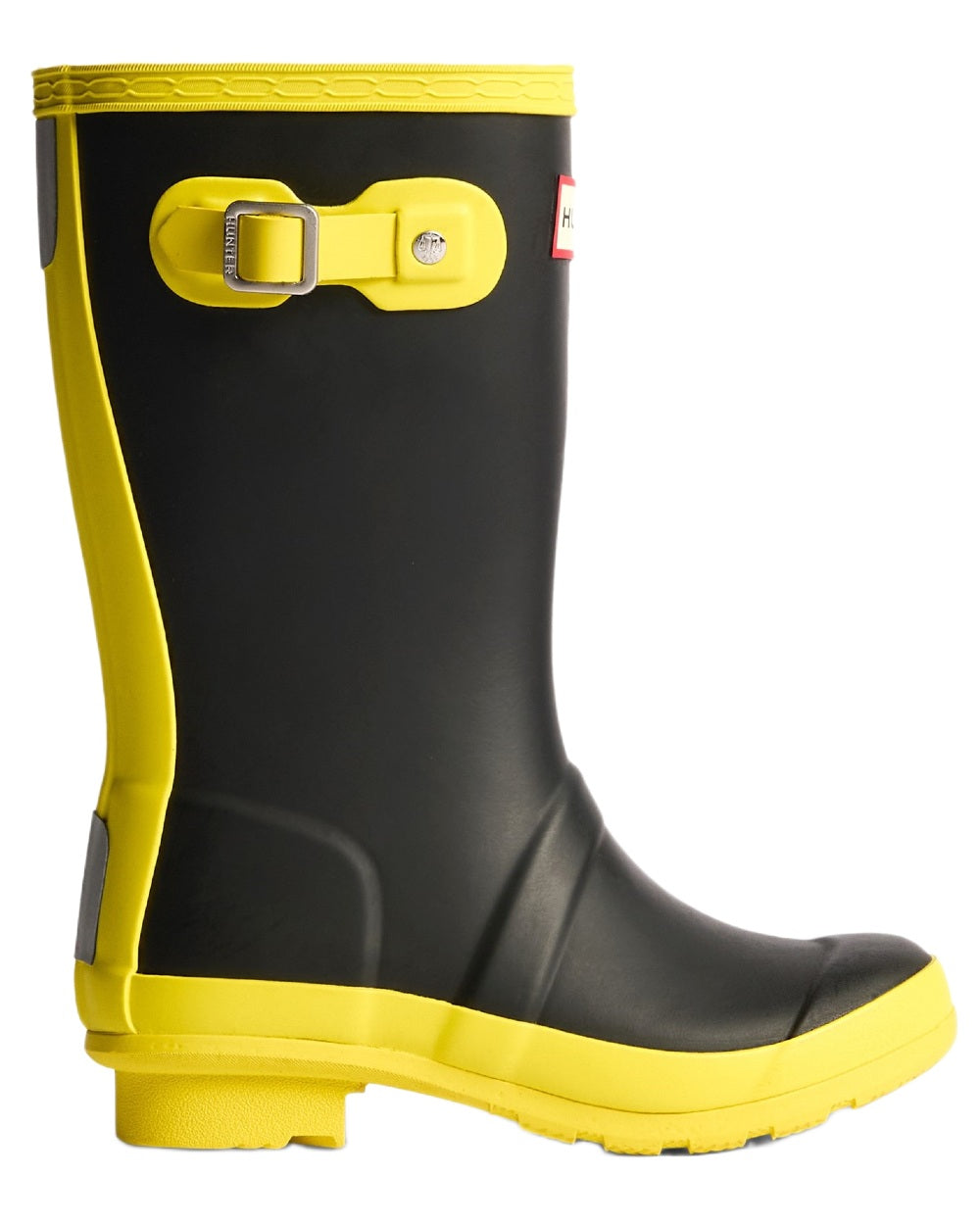 Black Illuminating Yellow coloured Hunter Big Kids Original Wellington Boots on white background #colour_black-illuminating-yellow
