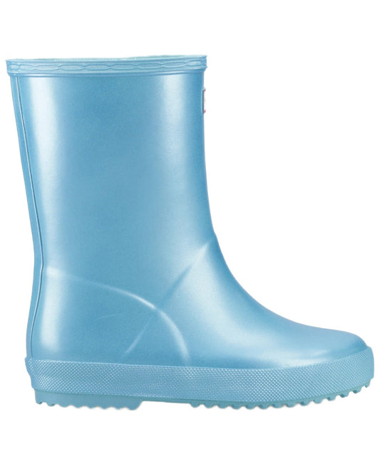 Pool Blue Coloured Hunter Childrens First Nebula Wellington Boots on white background #colour_pool-blue