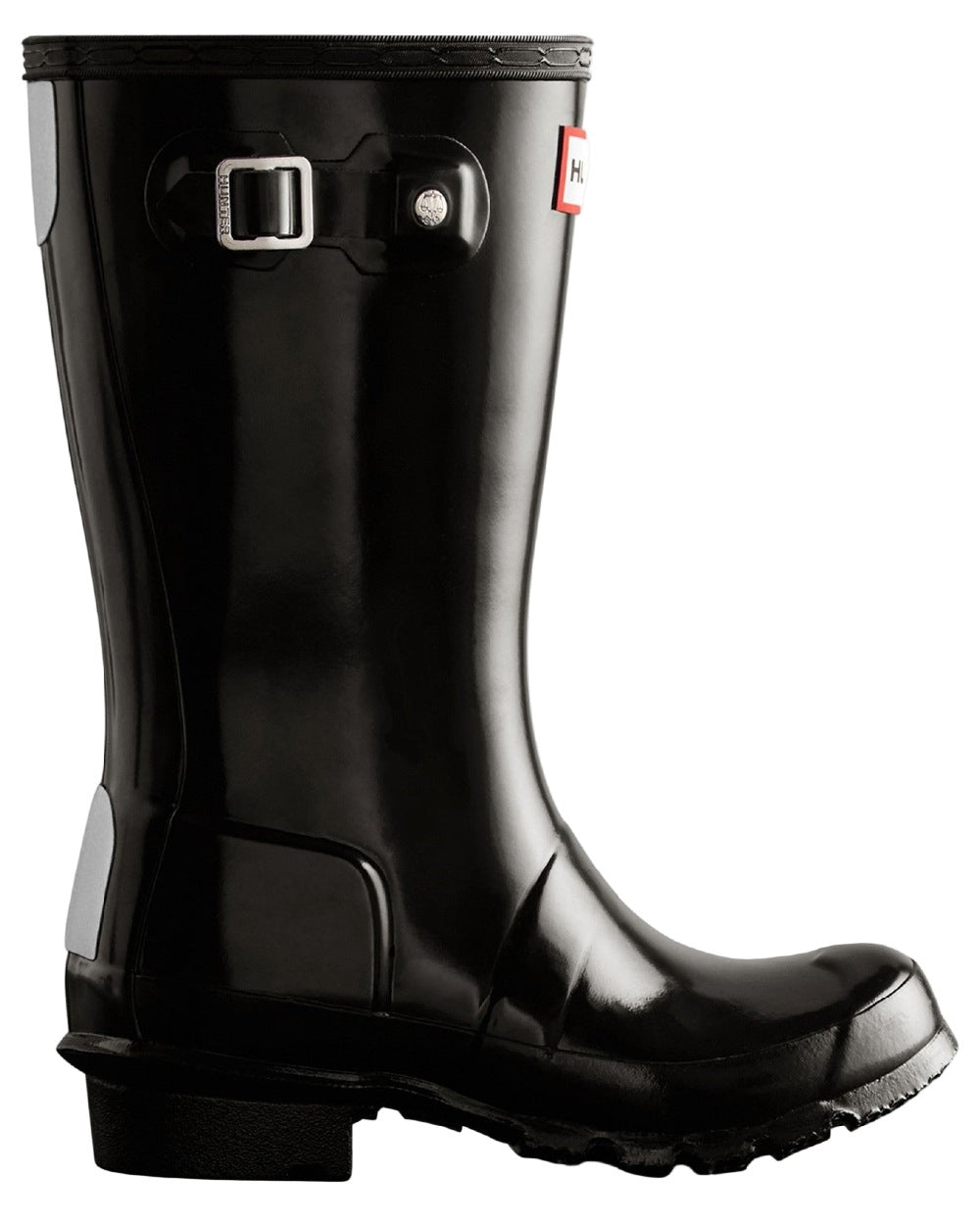 Black Coloured Hunter Childrens Original Gloss Wellington Boots on white background #colour_black