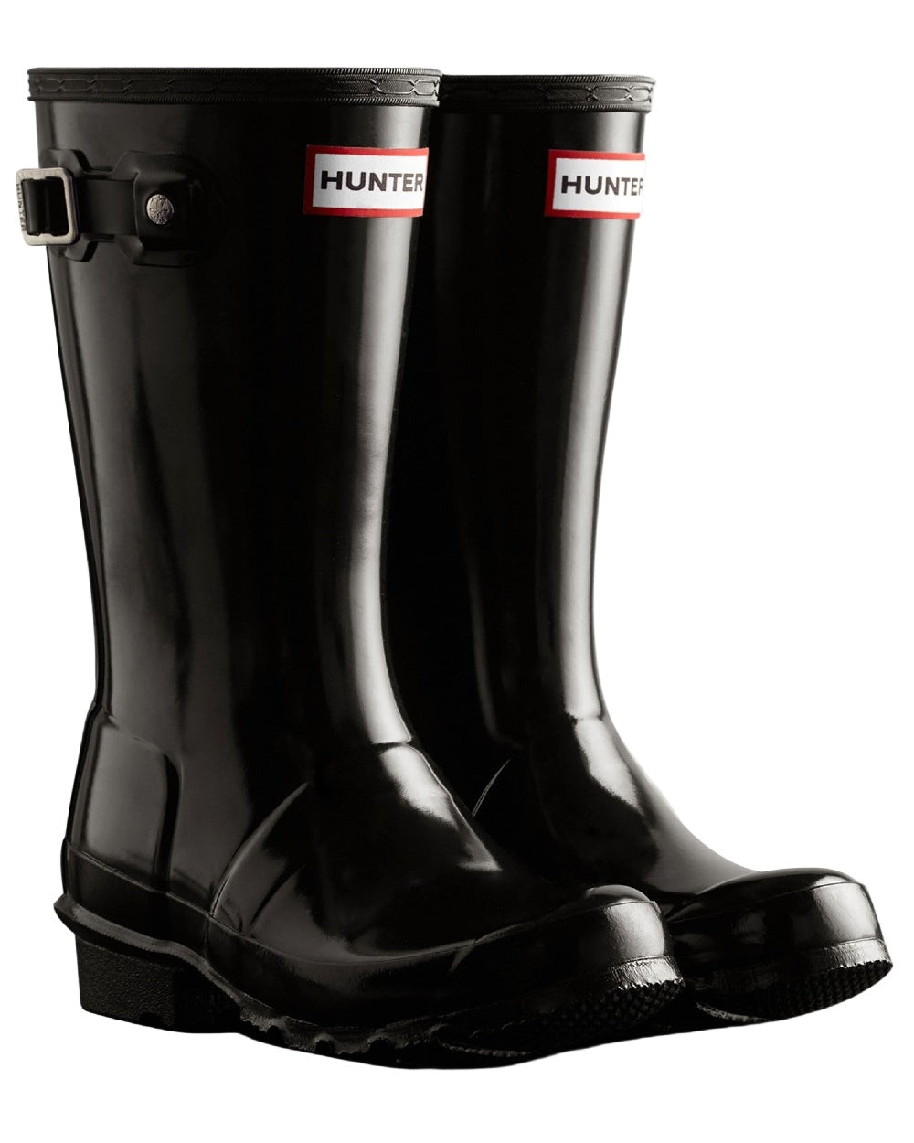 Black Coloured Hunter Childrens Original Gloss Wellington Boots on white background #colour_black