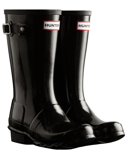 Black Coloured Hunter Childrens Original Gloss Wellington Boots on white background #colour_black