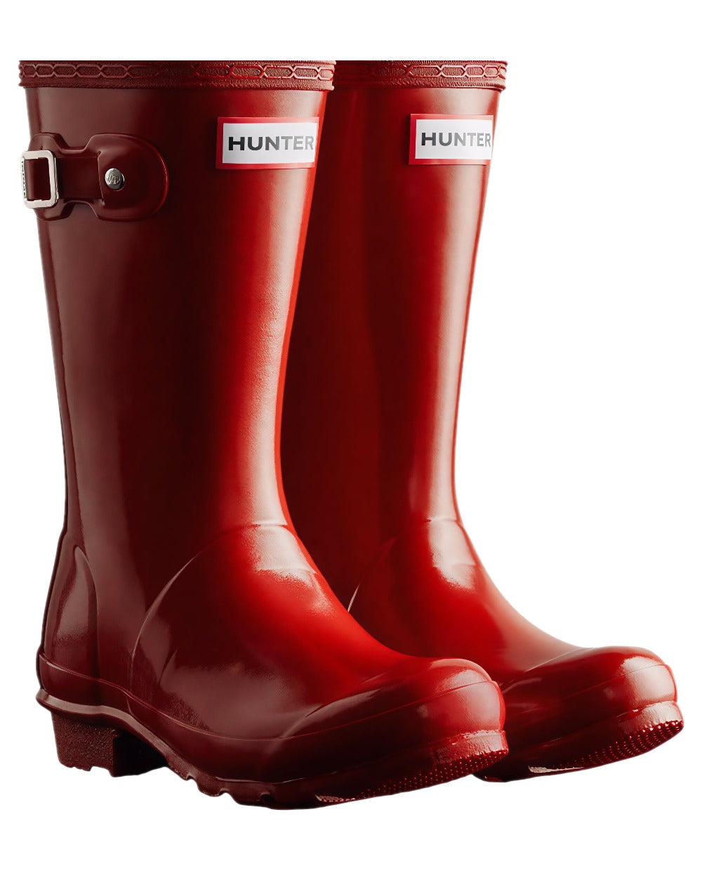 Military Red Coloured Hunter Childrens Original Gloss Wellington Boots on white background #colour_military-red