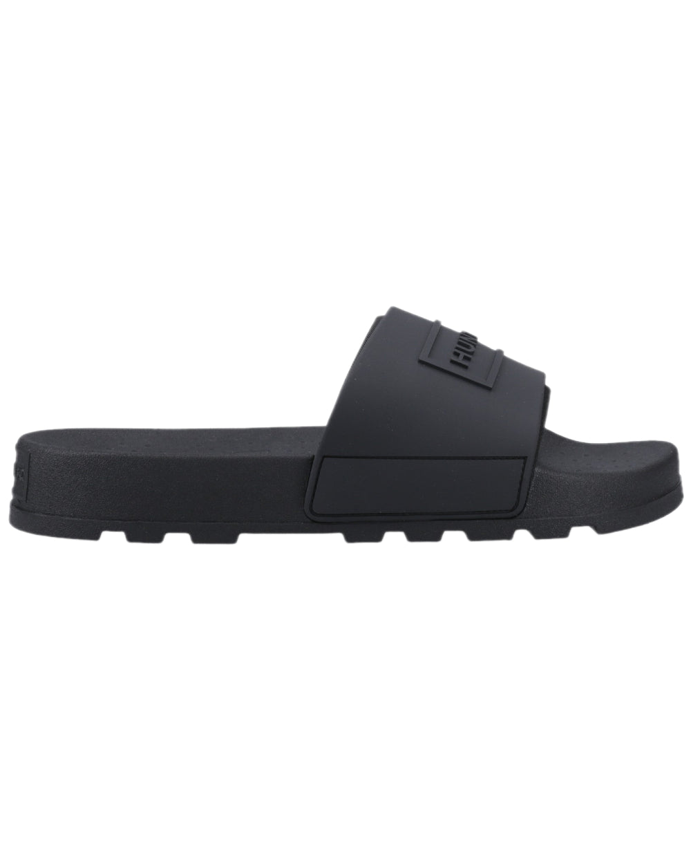 Black Coloured Hunter Core Embossed Sliders on white background #colour_black