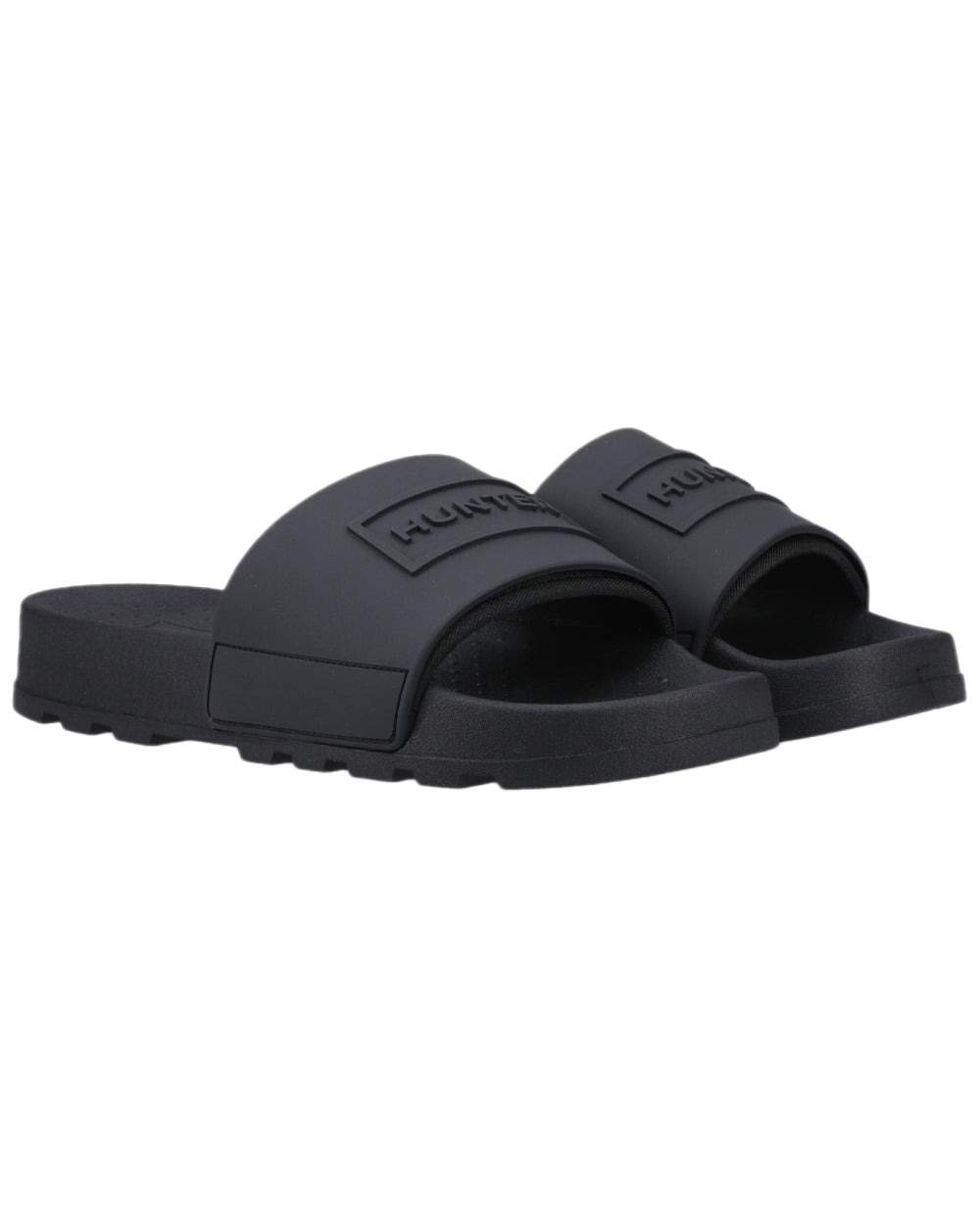 Black Coloured Hunter Core Embossed Sliders on white background #colour_black