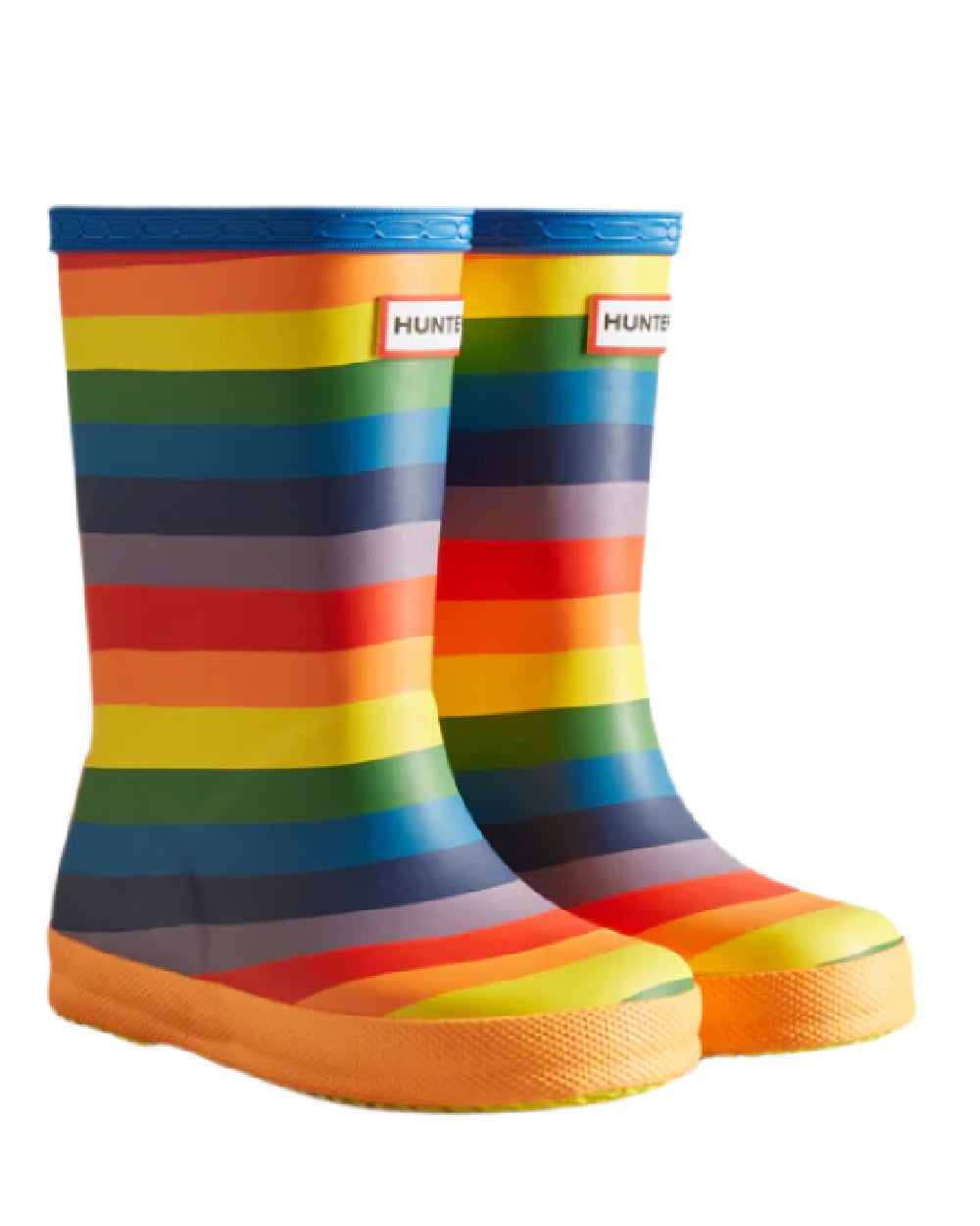 Rainbow coloured Hunter Kids First Classic Rainbow Print Wellington Boots on white background #colour_rainbow