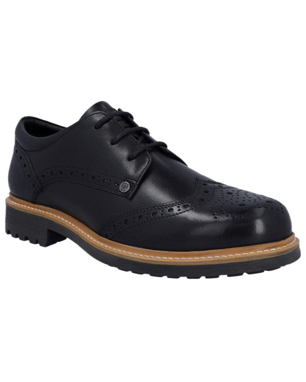 Black Coloured Hunter Mens Cawdor Brogue Gibson Shoes on white background #colour_black