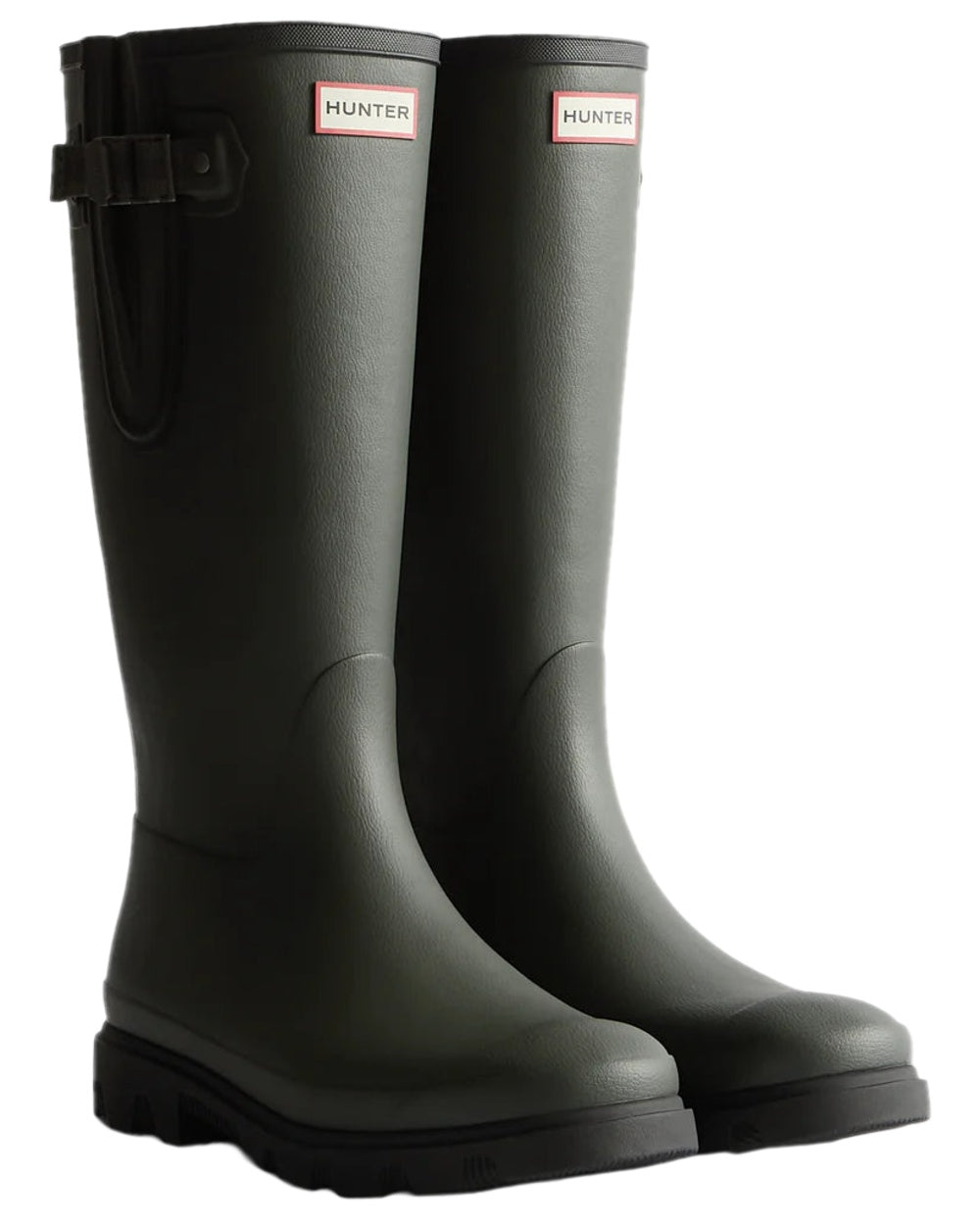 Dark Olive Black Coloured Hunter Mens Downpour Adjustable Field Boots on white background #colour_dark-olive-black