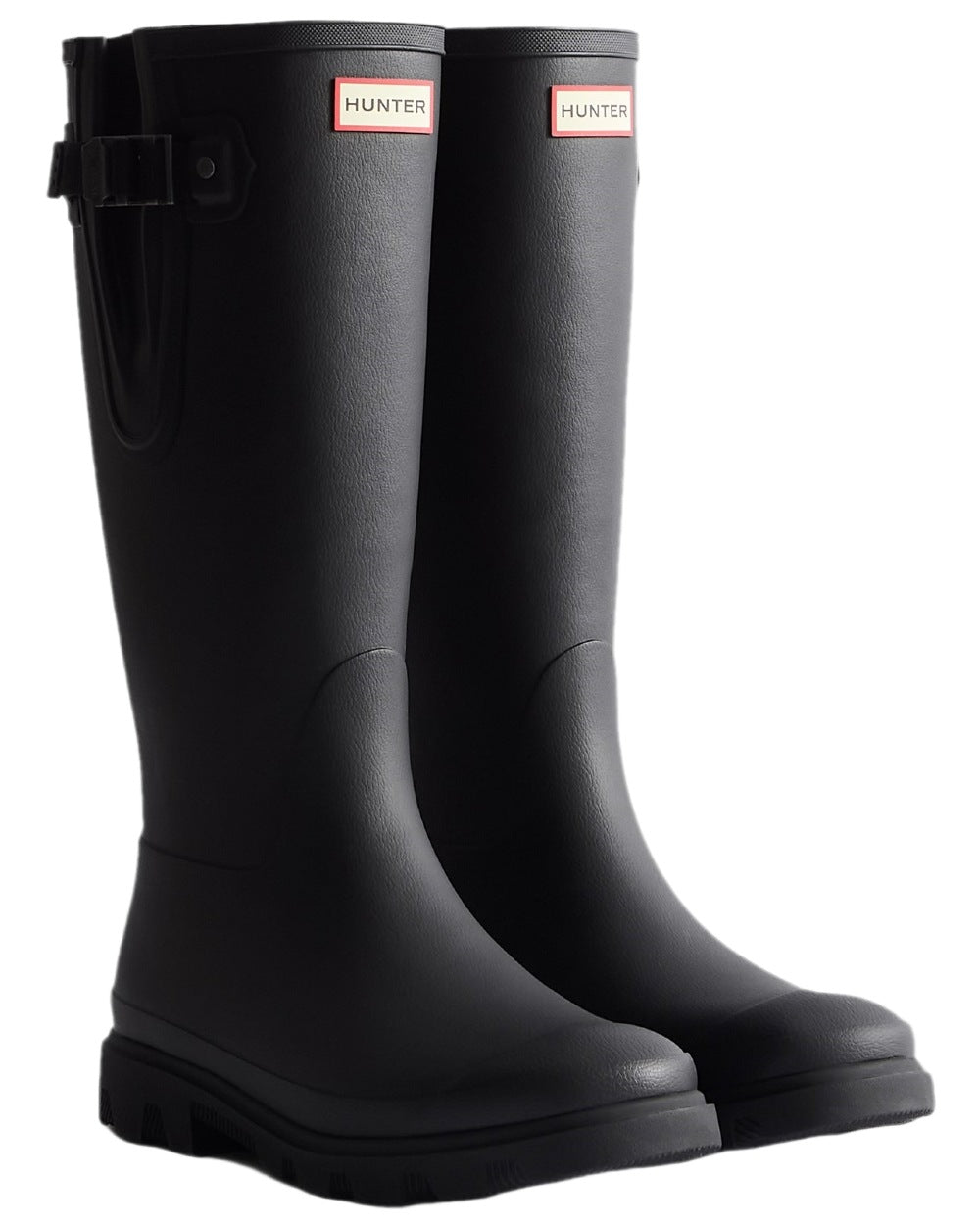 Black Coloured Hunter Mens Downpour Adjustable Tall Boots on white background #colour_black