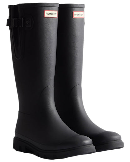 Black Coloured Hunter Mens Downpour Adjustable Tall Boots on white background #colour_black
