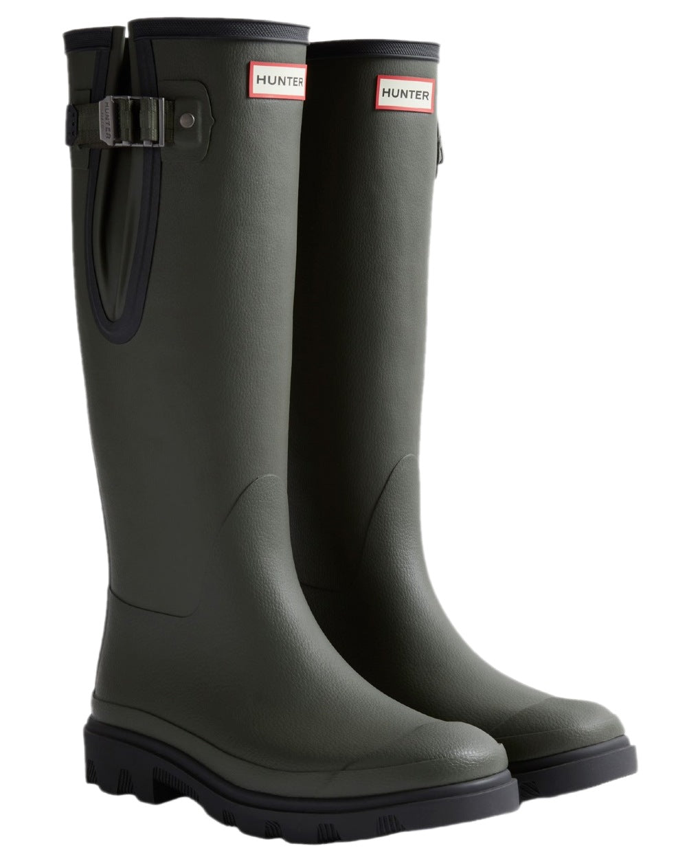 Dark Olive Black Coloured Hunter Mens Downpour Adjustable Tall Boots on white background #colour_dark-olive-black