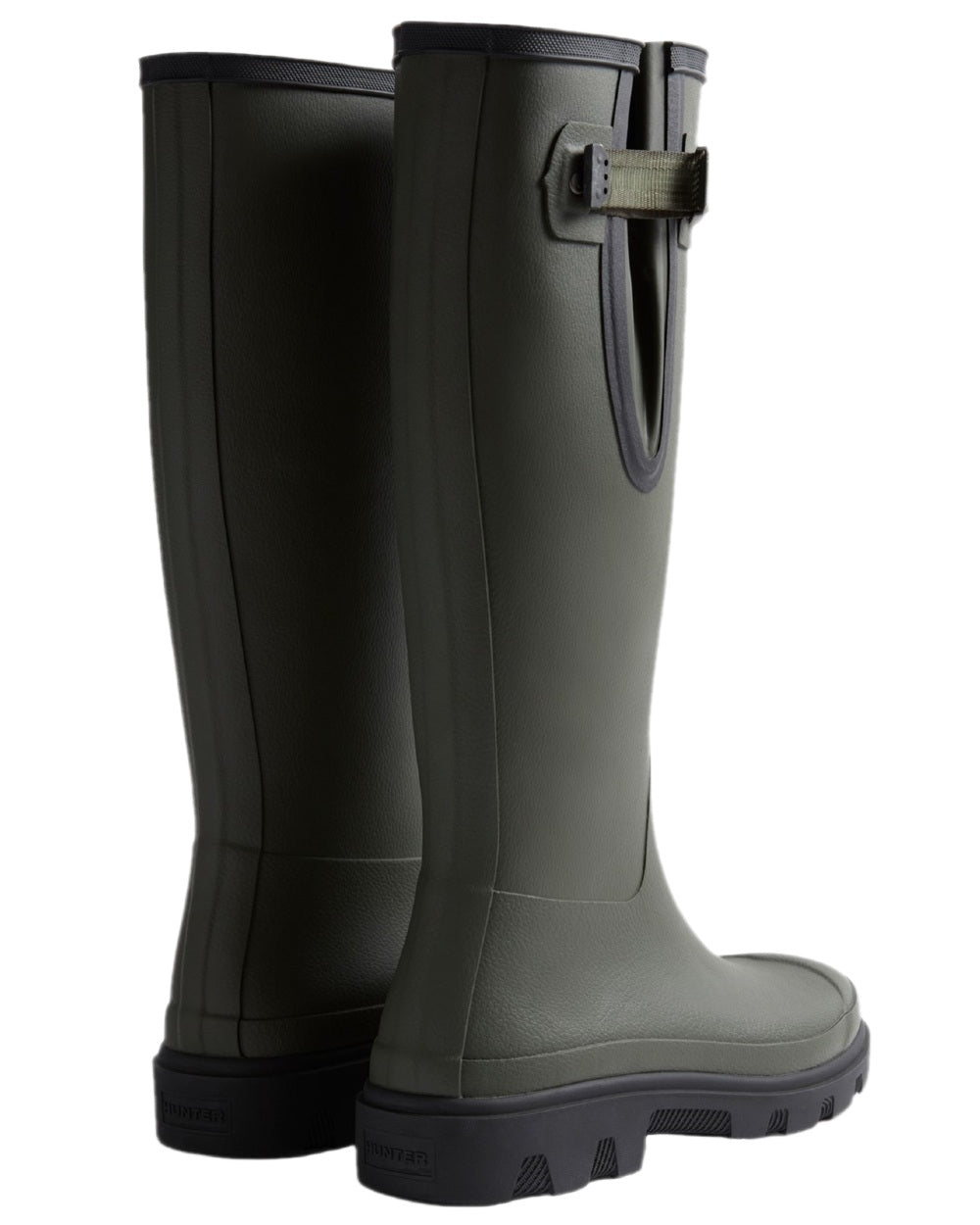 Dark Olive Black Coloured Hunter Mens Downpour Adjustable Tall Boots on white background #colour_dark-olive-black