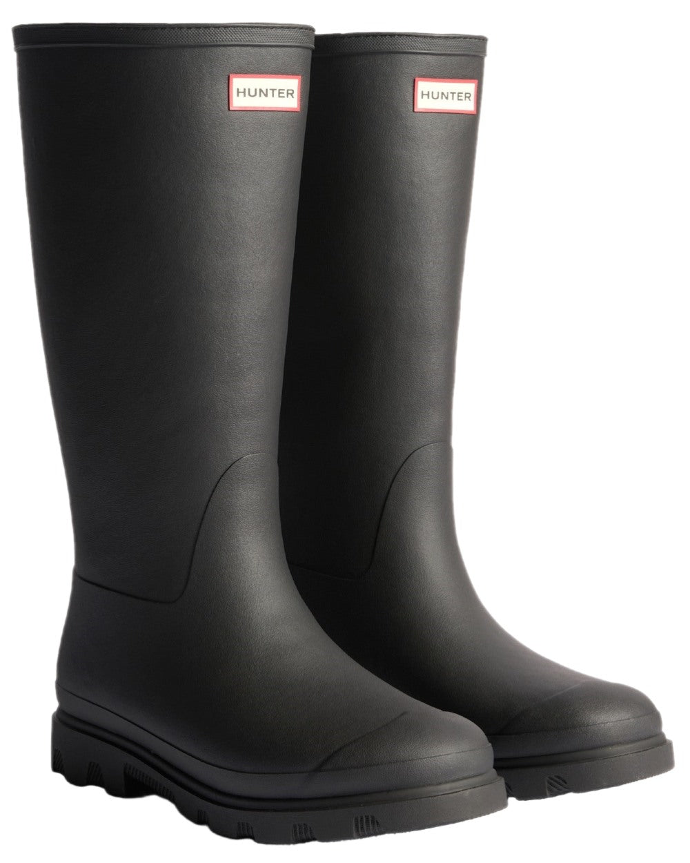 Black Coloured Hunter Mens Downpour Insulated Tall Boots on white background #colour_black