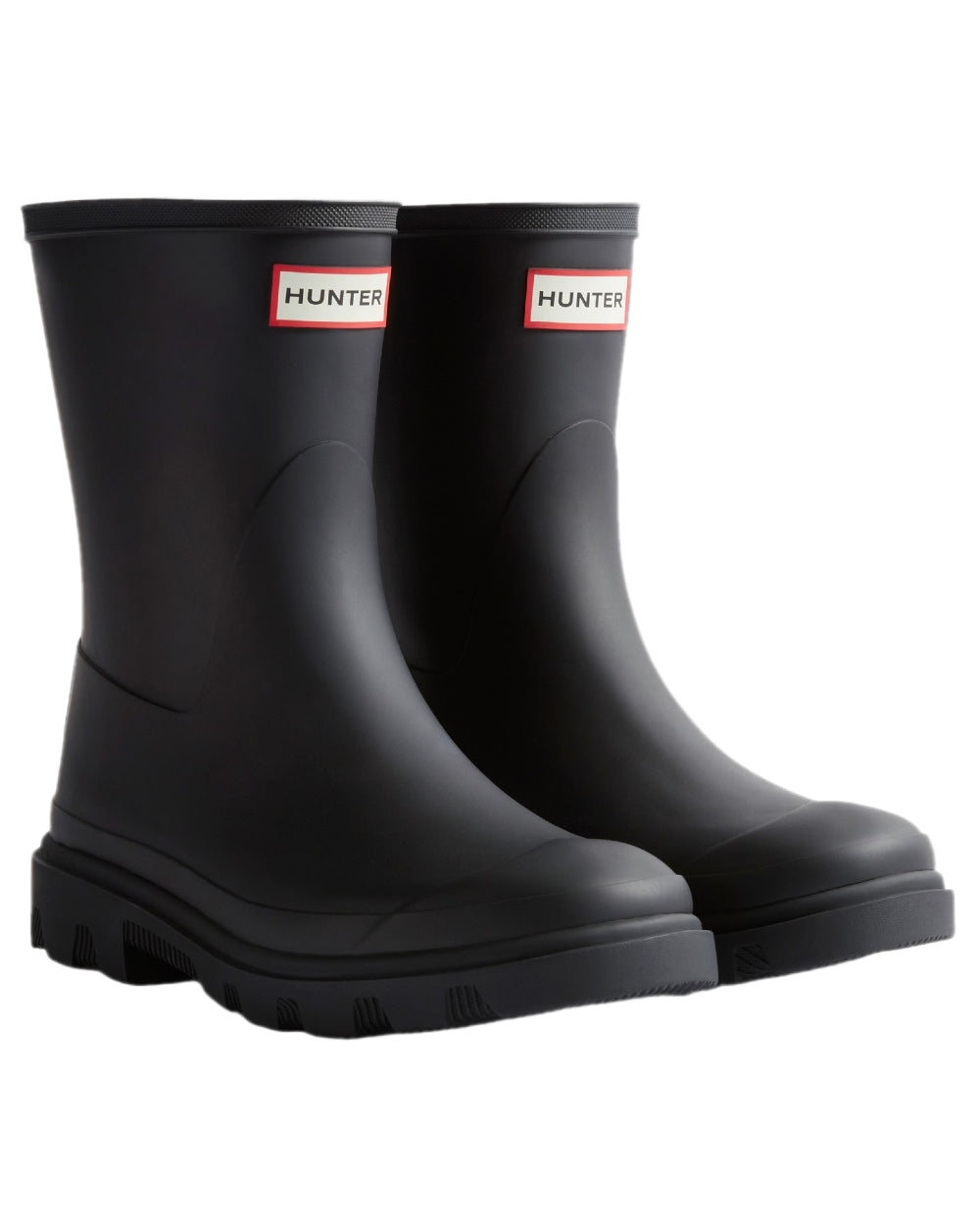 Black Coloured Hunter Mens Downpour Short Boots on white background #colour_black