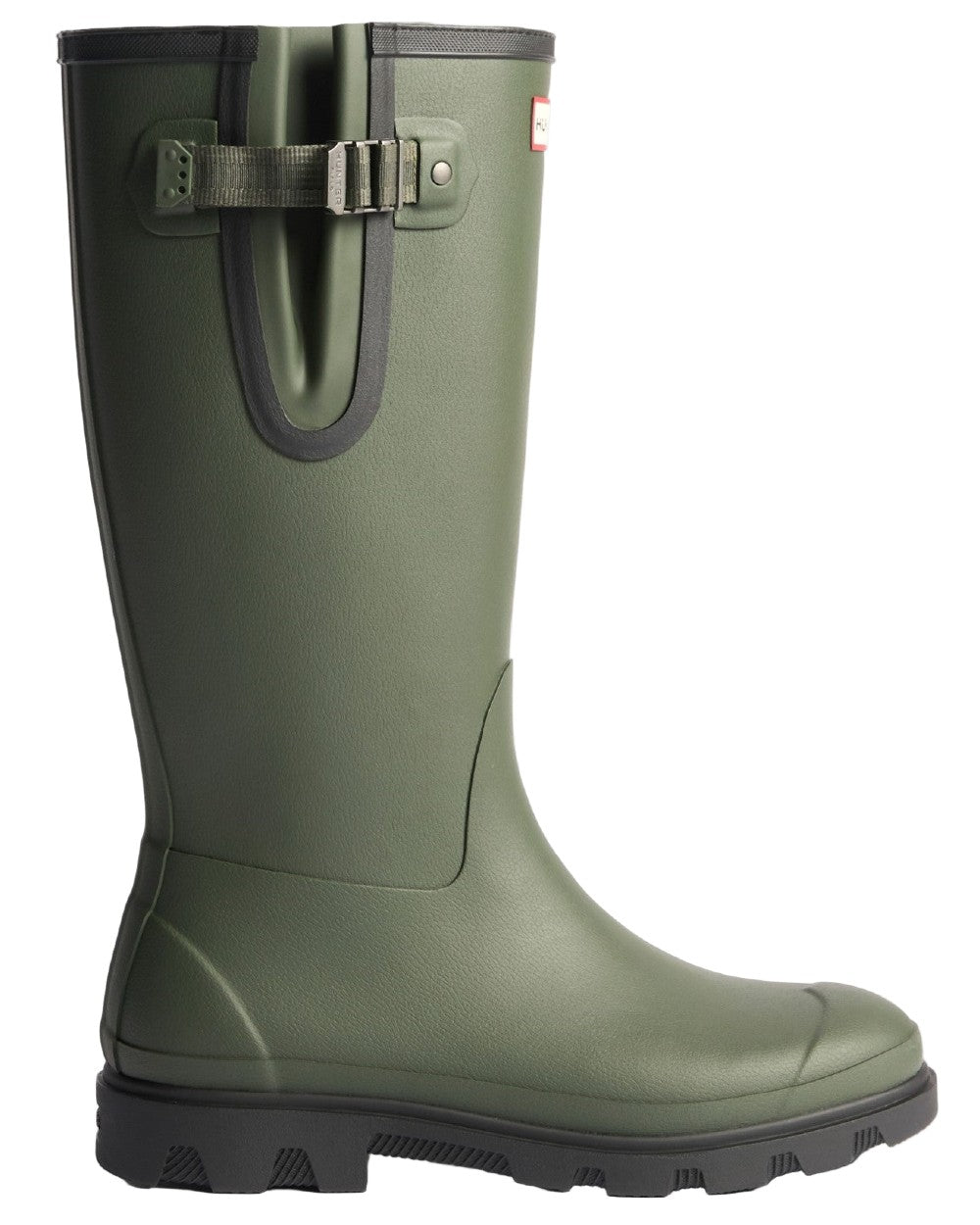 Dark Olive Black Coloured Hunter Womens Downpour Adjustable Field Boots on white background #colour_dark-olive-black