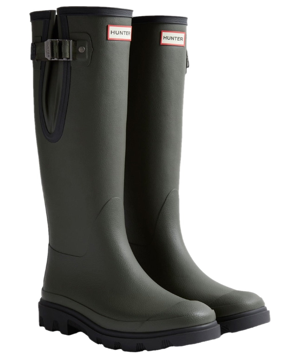 Dark Olive Black Coloured Hunter Womens Downpour Adjustable Tall Boots on white background #colour_dark-olive-black