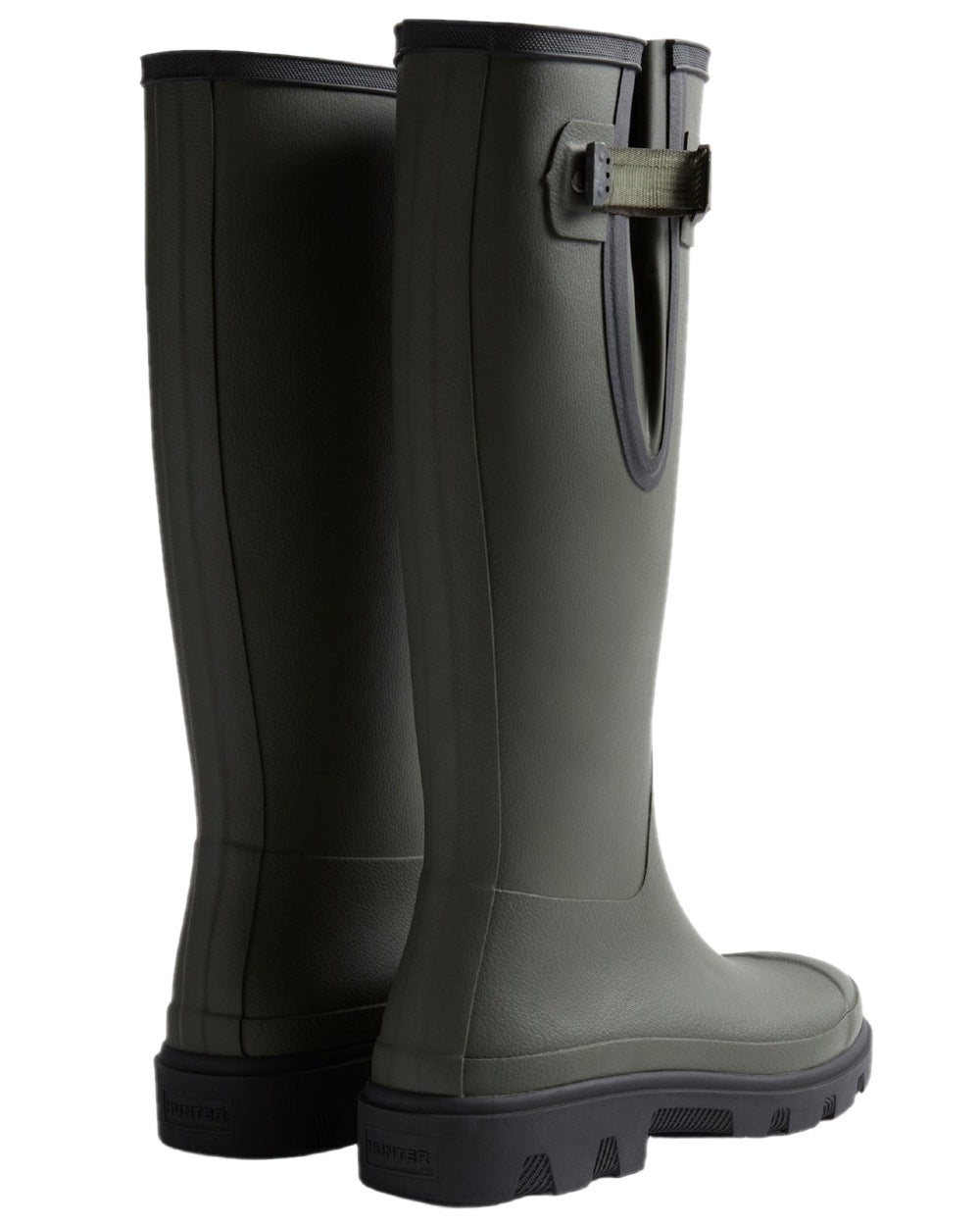 Dark Olive Black Coloured Hunter Womens Downpour Adjustable Tall Boots on white background #colour_dark-olive-black