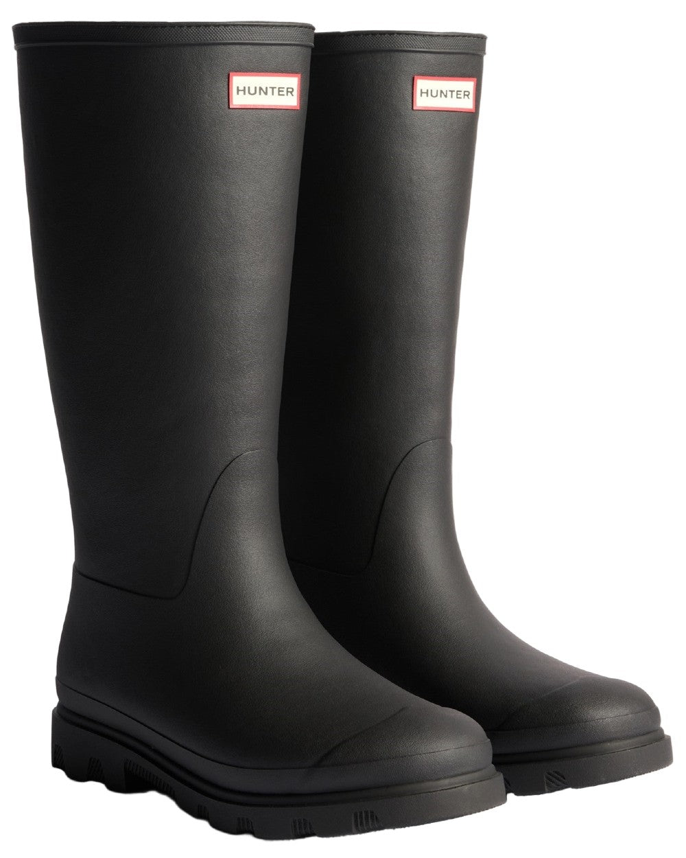 Black Coloured Hunter Womens Downpour Insulated Tall Boots on white background #colour_black