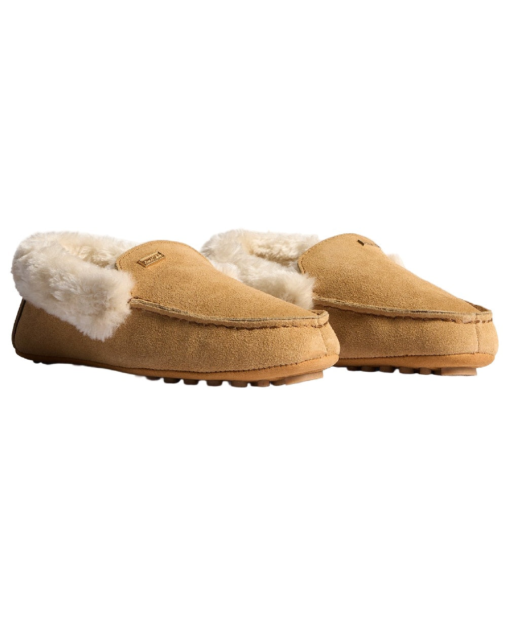 Biscuit Coloured Hunter Womens Moccasin Slipper Sherpa Shoes on white background #colour_biscuit