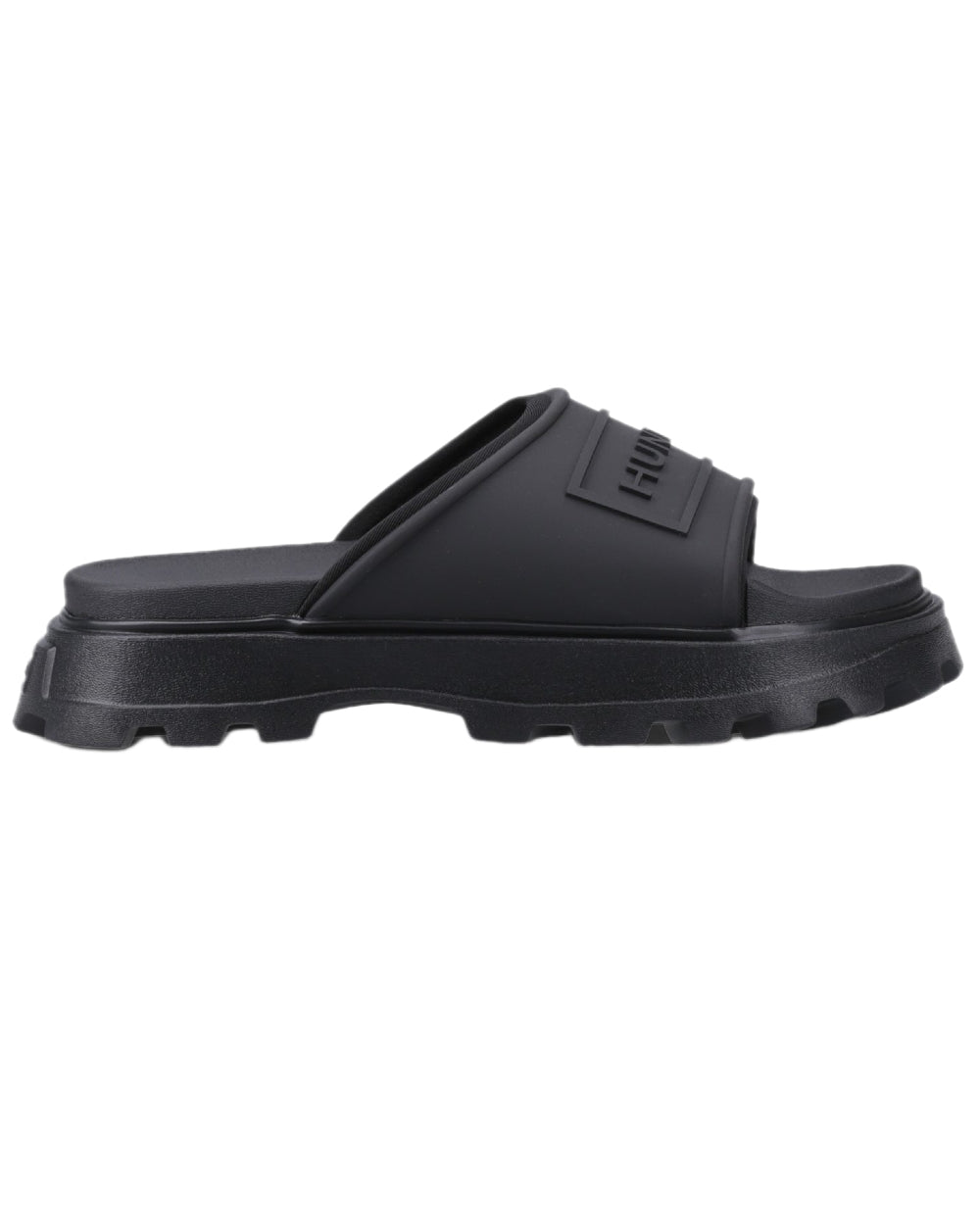 Black Coloured Hunter Womens Moulded Stacked Sliders on white background #colour_black