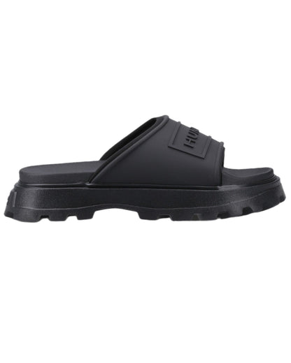 Black Coloured Hunter Womens Moulded Stacked Sliders on white background #colour_black