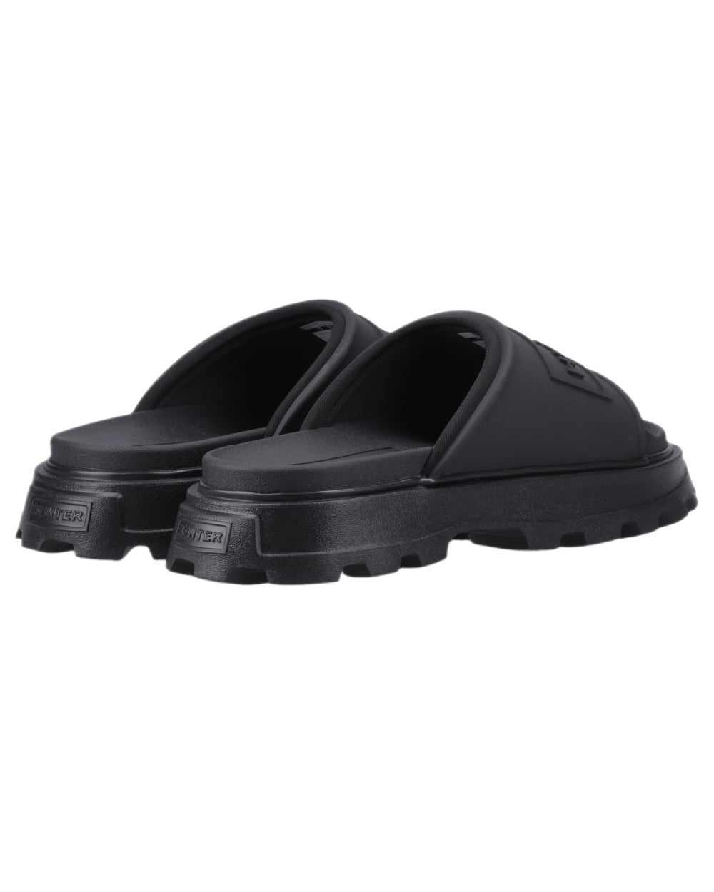 Black Coloured Hunter Womens Moulded Stacked Sliders on white background #colour_black