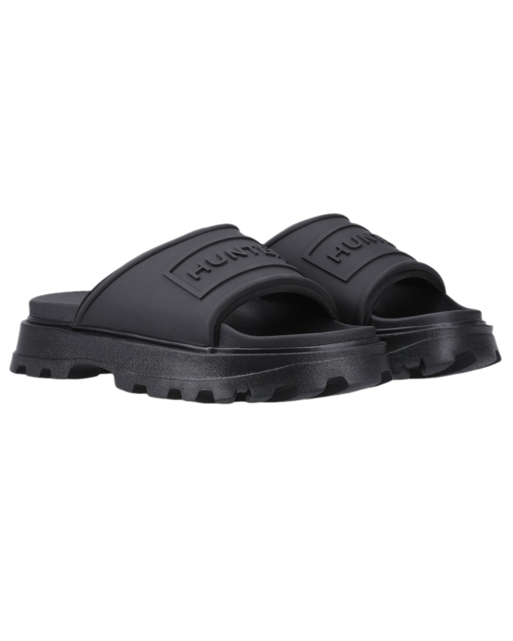 Black Coloured Hunter Womens Moulded Stacked Sliders on white background #colour_black