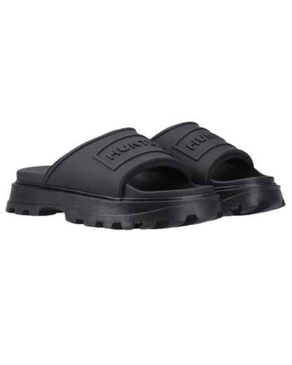Black Coloured Hunter Womens Moulded Stacked Sliders on white background #colour_black
