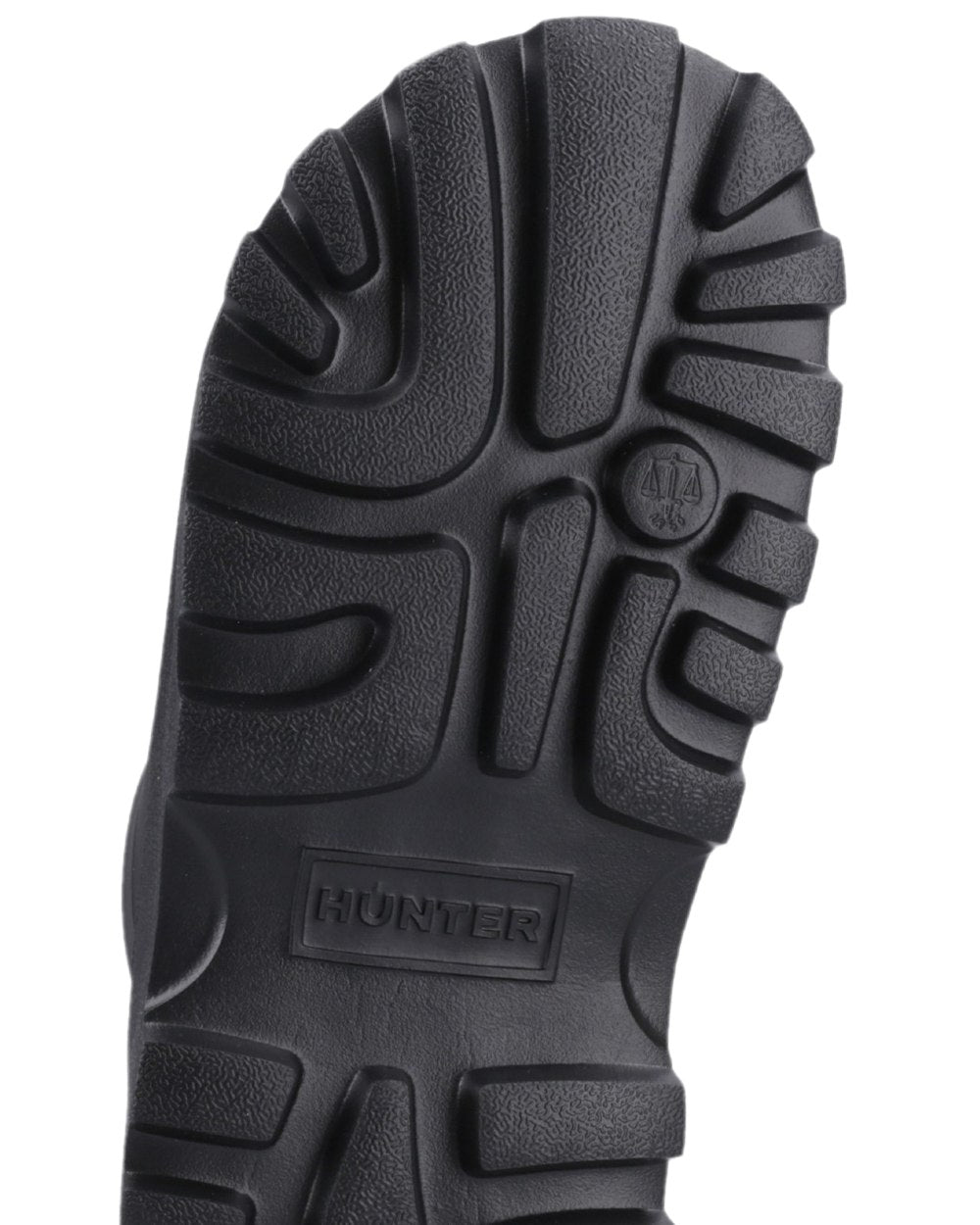 Black Coloured Hunter Womens Moulded Stacked Sliders on white background #colour_black