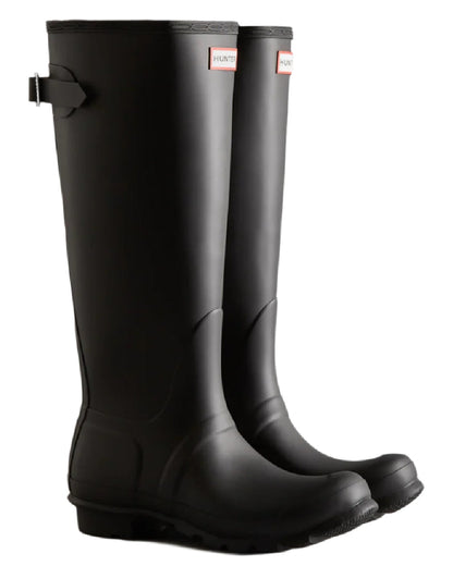 Black coloured Hunter Womens Original Tall Back Adjustable Wellington Boots on white background #colour_black