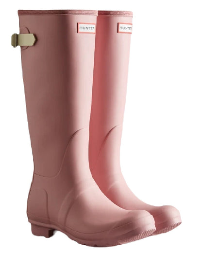 Pink coloured Hunter Womens Original Tall Back Adjustable Wellington Boots on white background #colour_pink