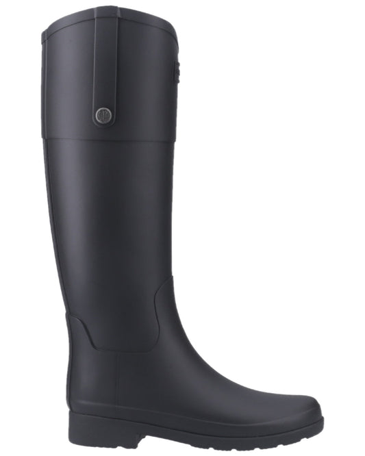 Black Coloured Hunter Womens Refined Riding Tall Wellington Boots on white background #colour_black