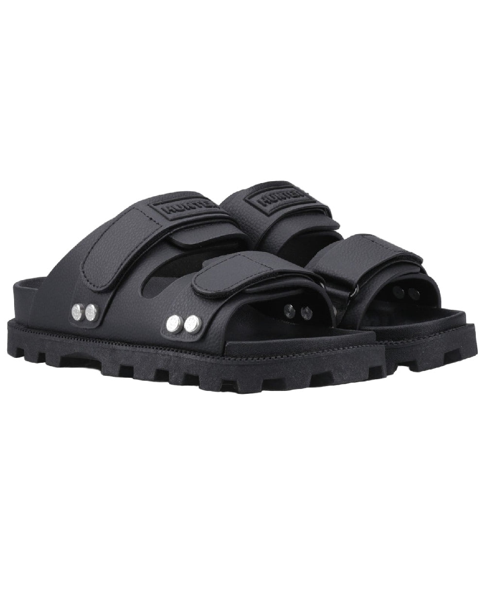 Black Coloured Hunter Womens Vegan Synthetic Sandals on white background #colour_black