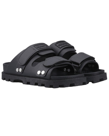 Black Coloured Hunter Womens Vegan Synthetic Sandals on white background #colour_black