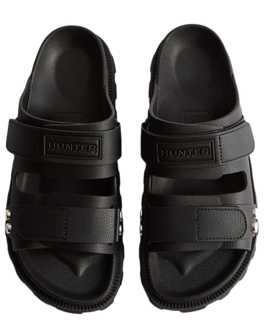 Black Coloured Hunter Womens Vegan Synthetic Sandals on white background #colour_black