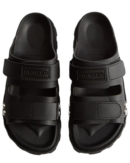 Black Coloured Hunter Womens Vegan Synthetic Sandals on white background #colour_black