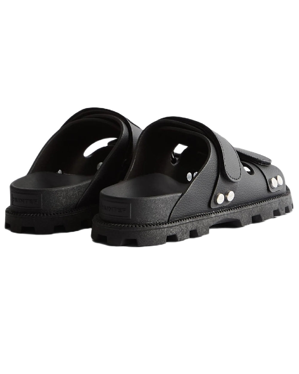 Black Coloured Hunter Womens Vegan Synthetic Sandals on white background #colour_black
