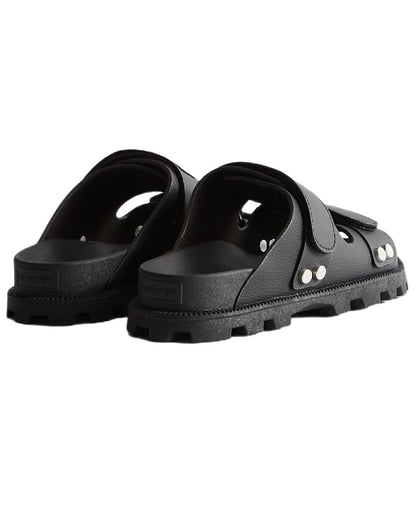 Black Coloured Hunter Womens Vegan Synthetic Sandals on white background #colour_black