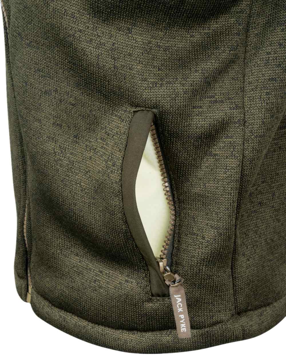 Dark Olive Coloured Jack Pyke Childrens Scandinavian Fleece Jacket on white background #colour_dark-olive