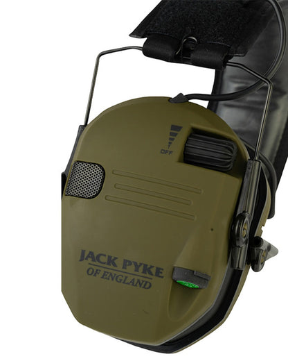 Green coloured Jack Pyke Electronic Ear Defenders on white background #colour_green