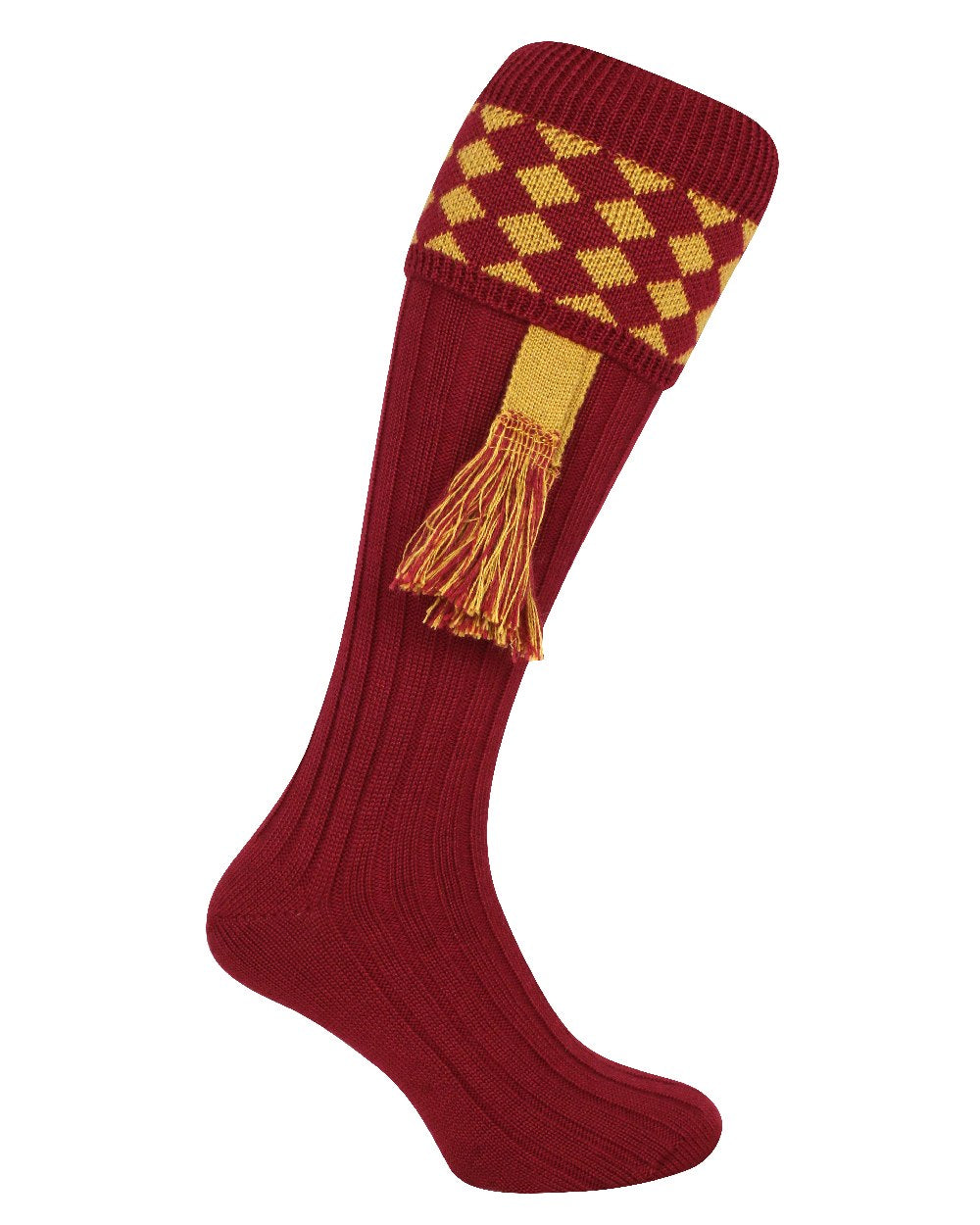 Burgundy coloured Jack Pyke Harlequin Socks on white background #colour_burgundy