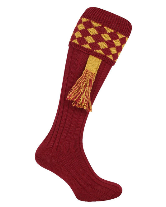 Burgundy coloured Jack Pyke Harlequin Socks on white background #colour_burgundy