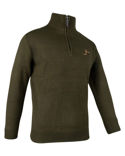 Olive Coloured Jack Pyke Mens Pheasant Zip Neck Pullover on white background #colour_olive