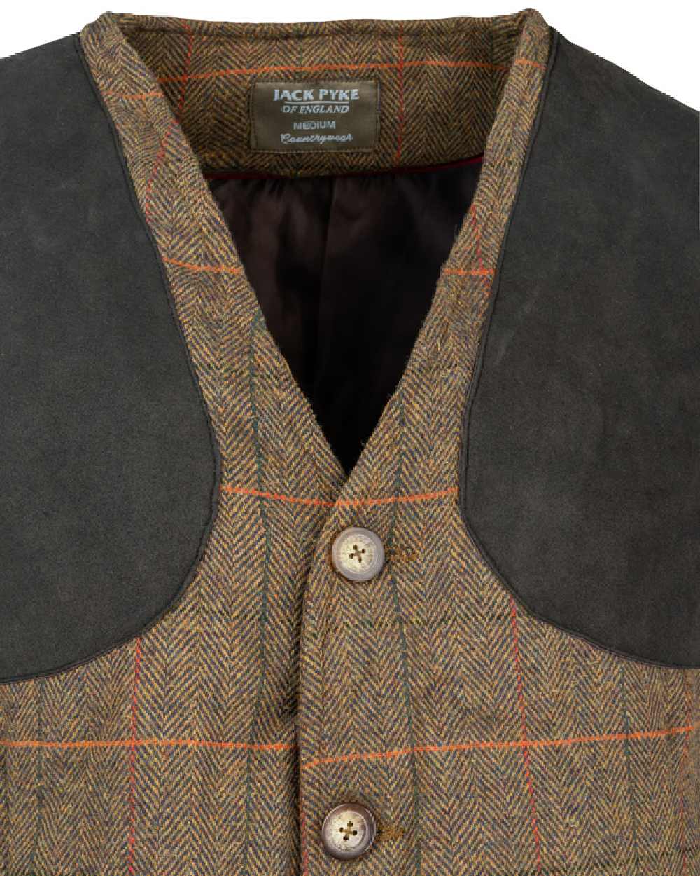 Brown Coloured Jack Pyke Mens Tweed Shooting Vest on white background #colour_brown
