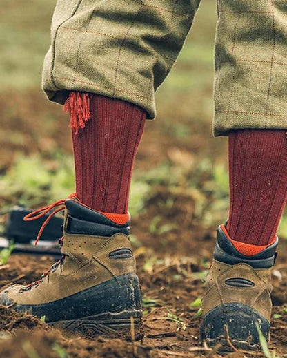 Burgundy coloured Jack Pyke Plain Shooting Socks on mud background #colour_burgundy