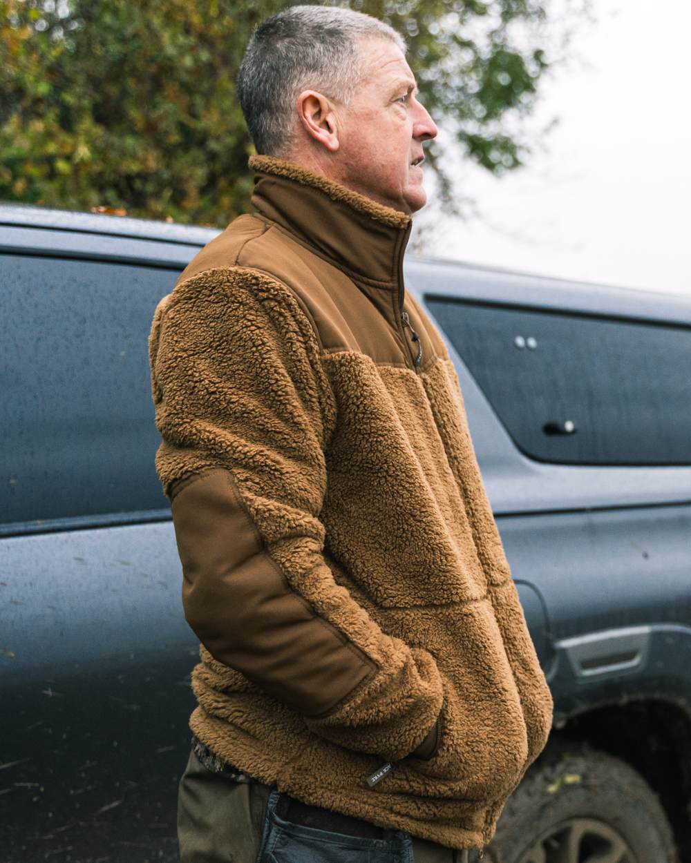Camel coloured Jack Pyke Sherpa Fleece Jacket Gen 2 on outdoor background #colour_camel