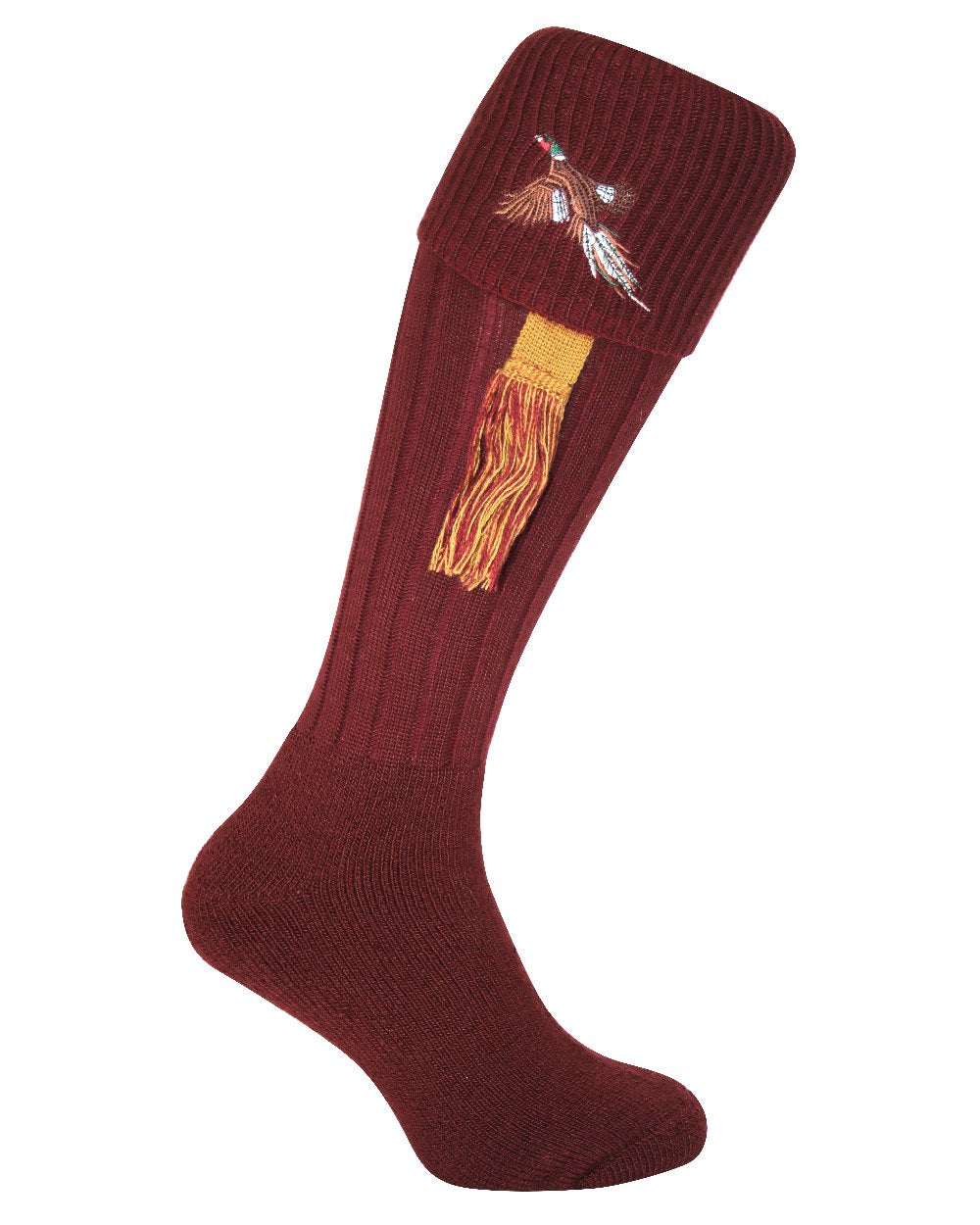 Burgundy coloured Jack Pyke Shooting Socks Pheasant on white background #colour_burgundy