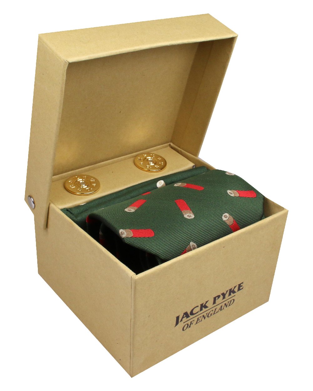 Green coloured Jack Pyke Tie, Hanky and Cufflinks Gift Set Cartridge on white background #colour_green