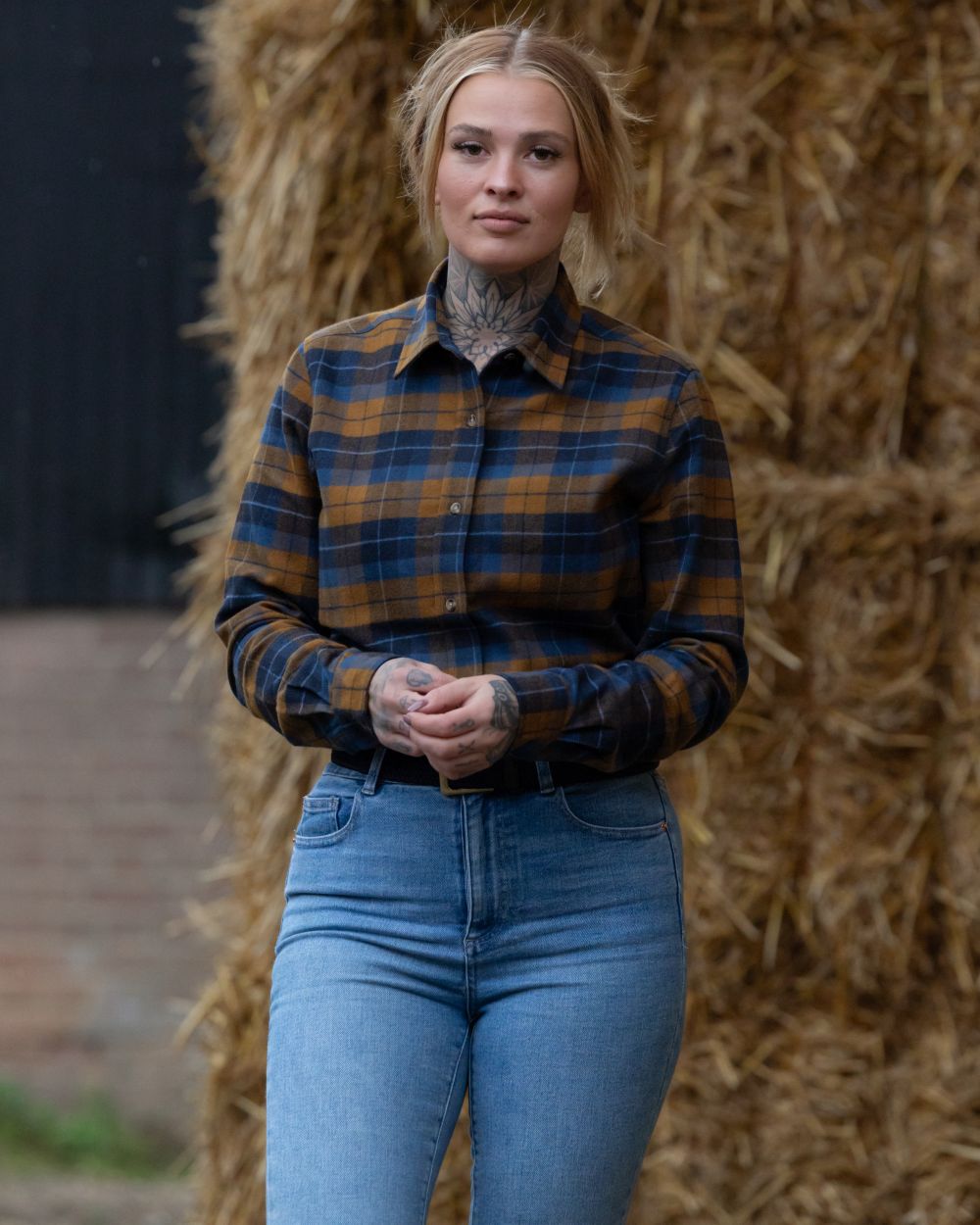 Navy Russet coloured Jack Pyke Womens Bleasdale Heavy Flannel Shirt on outdoor background #colour_navy-russet