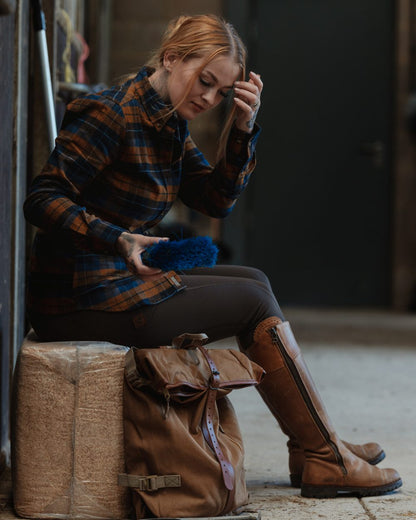Navy Russet coloured Jack Pyke Womens Bleasdale Heavy Flannel Shirt on outdoor background #colour_navy-russet